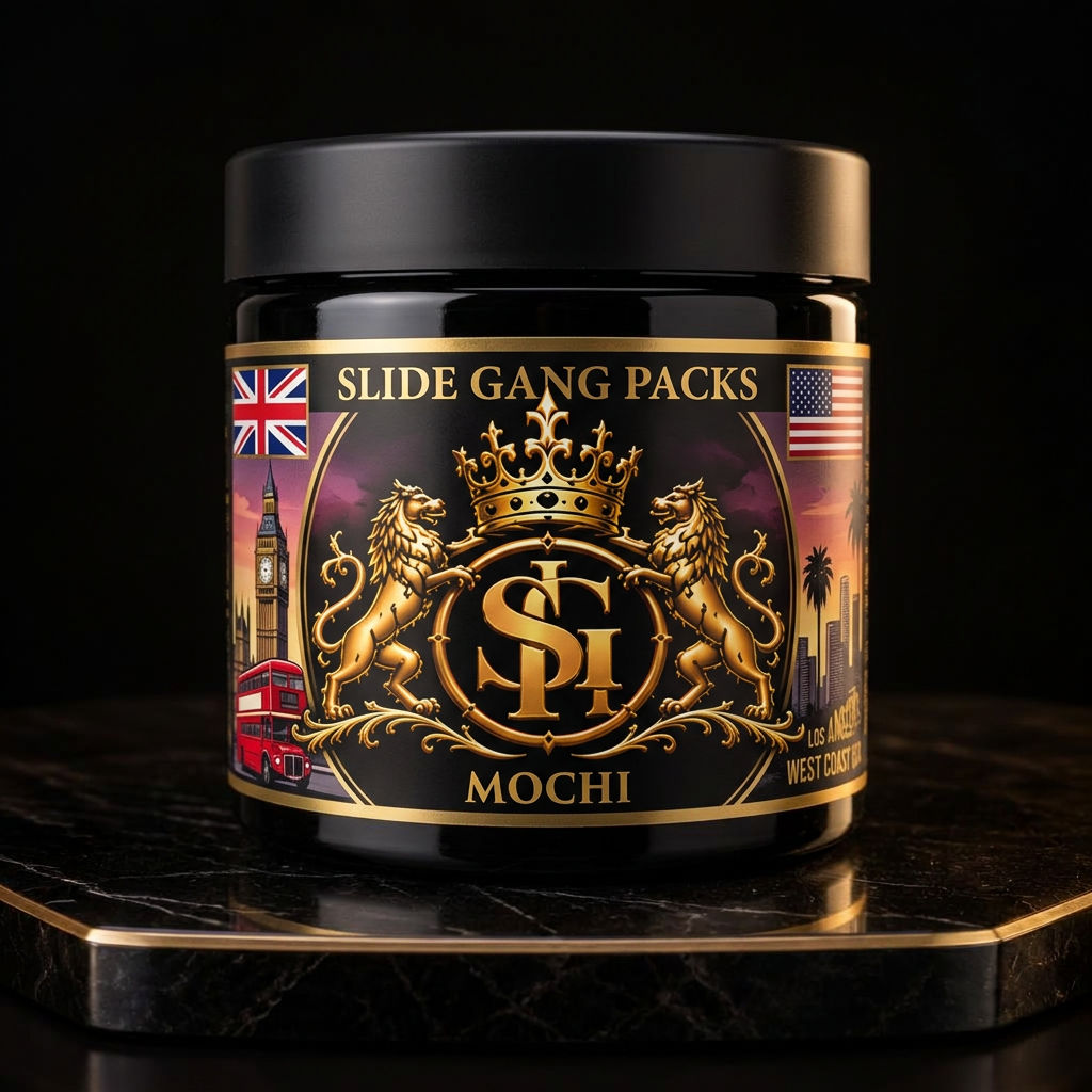 Mochi branded jar concept with London and West Coast USA graphics